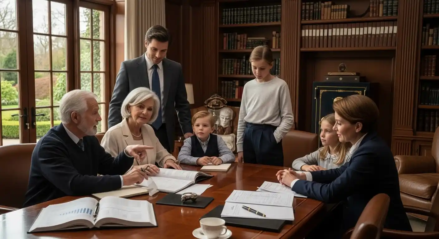 Família de três gerações (avós, pais e filhos) em uma mesa de reunião, discutindo documentos de planejamento financeiro e sucessório.