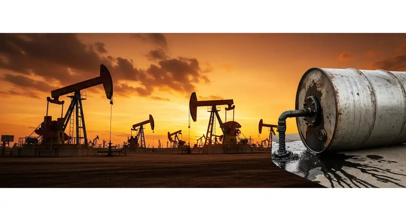 Campo de petróleo ao pôr do sol com vários cavaletes de bombeamento (bombas de extração) e um barril de óleo virado em primeiro plano.