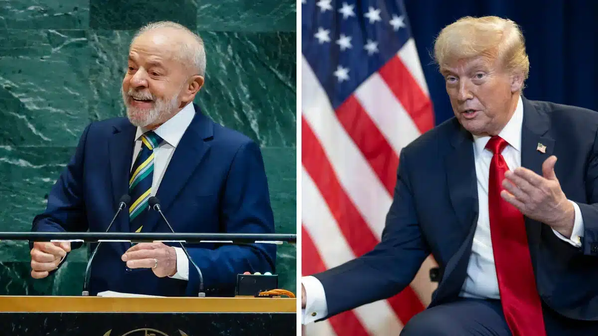Colagem com o presidente Lula (esquerda) e o presidente Trump (direita), em momentos de discurso.