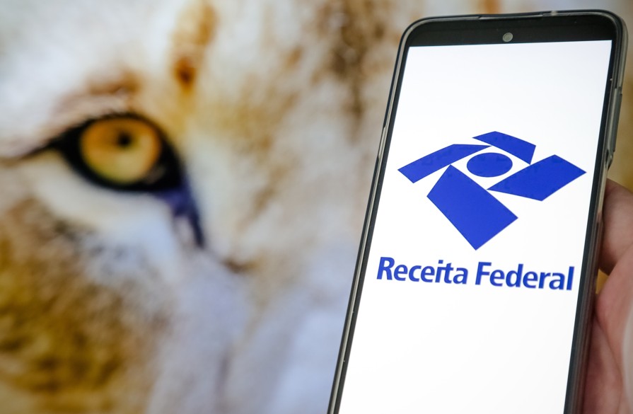 novo ir: como ficam investidores e profissionais liberais? Imagem de leão e símbolo da Receita Federal em tela de celular