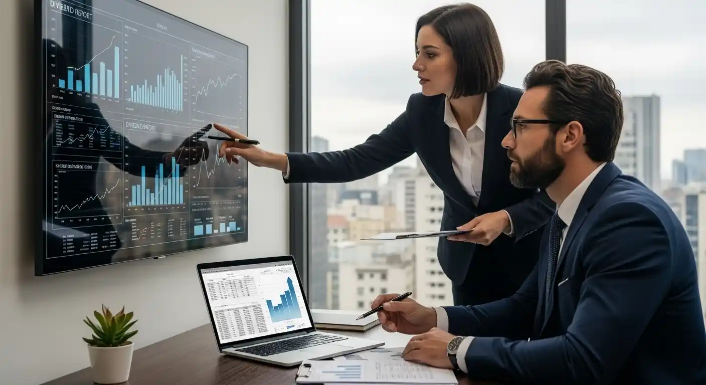 Dupla de executivos (um homem e uma mulher) analisando gráficos de performance de investimentos em uma tela grande, ilustrando o planejamento da alta renda sobre a nova tributação de dividendos.