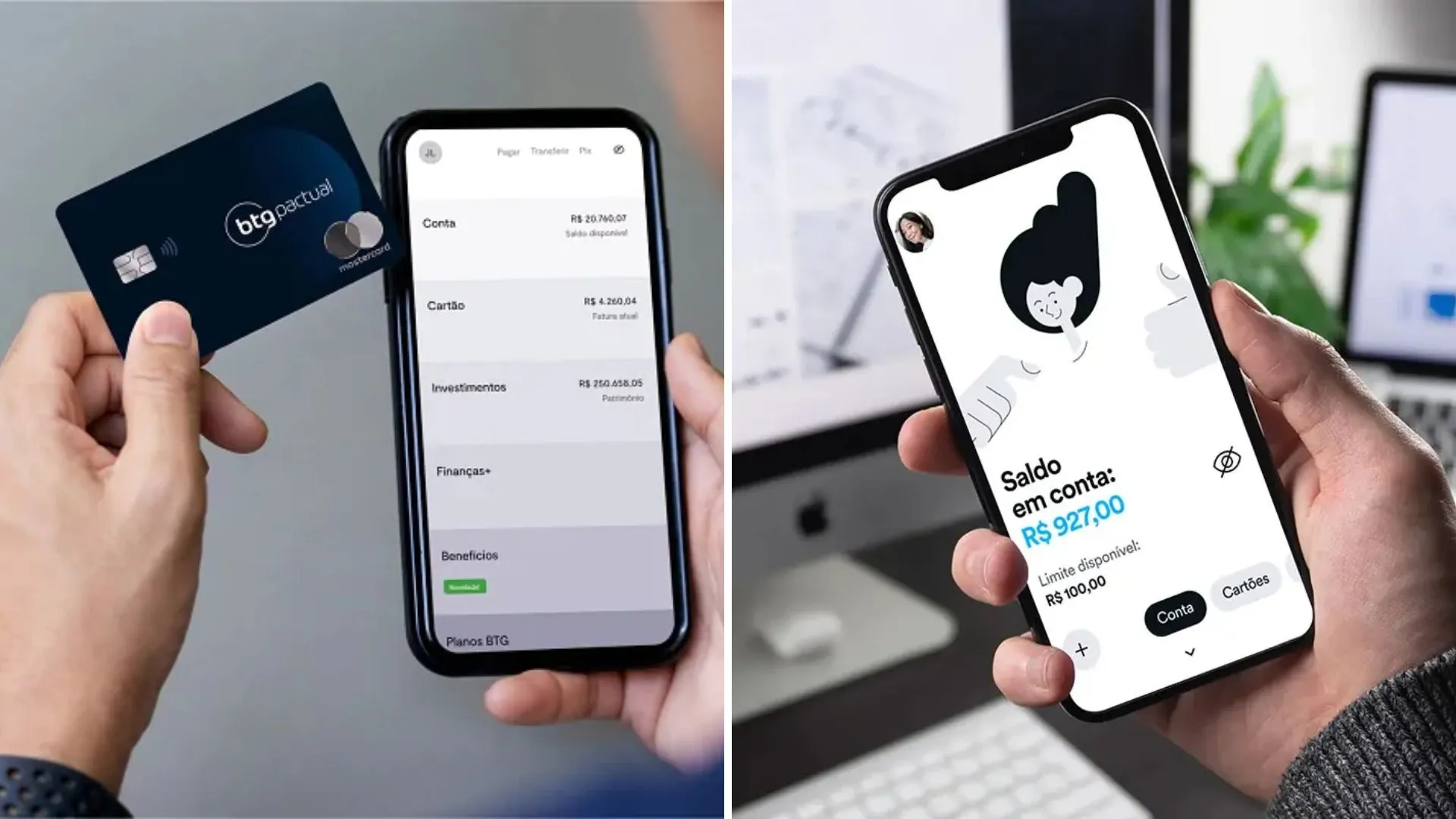 Duas imagens lado a lado, mostrando (1) a mão segurando um cartão de crédito preto do BTG Pactual sobre um aplicativo bancário e (2) a mão segurando um celular com o app do Banco Pan, simbolizando a incorporação.