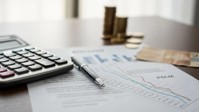 Documentos e uma calculadora sobre uma mesa, simbolizando o índice IGP-M (usado em reajustes de aluguel) que desacelerou para 0,15% na 1ª prévia de dezembro.