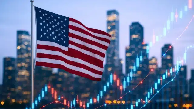 Bandeira dos Estados Unidos ao fundo com um gráfico de linha ascendente e moedas de dólar em primeiro plano, simbolizando o crescimento e a análise do PIB dos EUA em 2026.