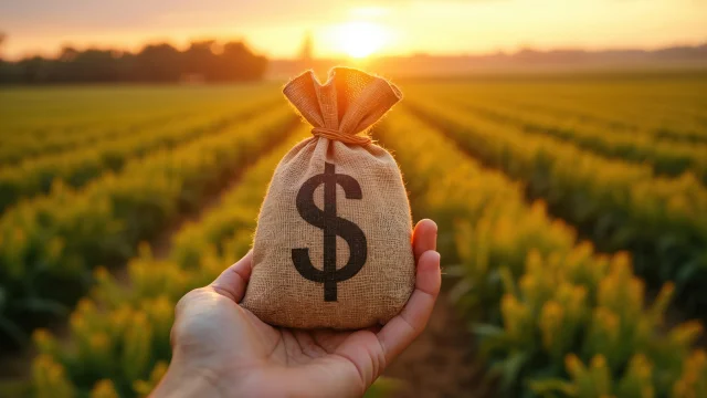 Mão em primeiro plano segurando um pequeno saco de juta com o símbolo de cifrão ($), posicionado à frente de uma vasta plantação agrícola organizada em fileiras sob a luz do pôr do sol, representando o setor de crédito rural.