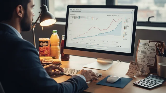 Homem de terno em frente a um computador examinando um gráfico de linhas ascendentes vermelhas e azuis, ao lado de notas de Real (dinheiro brasileiro) e recibos de compras sobre uma mesa de madeira, ilustrando o ipca-15 março.