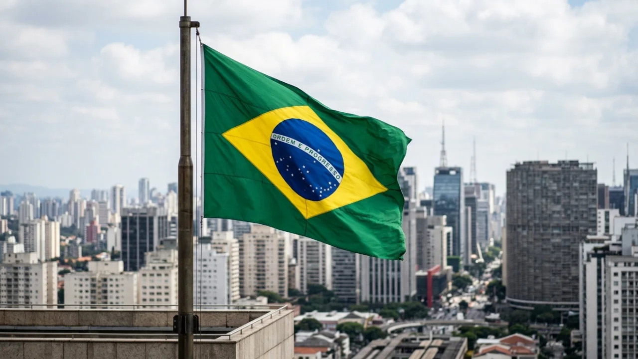 A bandeira do Brasil hasteada no topo de um edifício, ondulando contra o céu nublado. Ao fundo, a densa paisagem urbana de São Paulo com diversos arranha-céus, representando o centro financeiro e a atividade econômica do país.