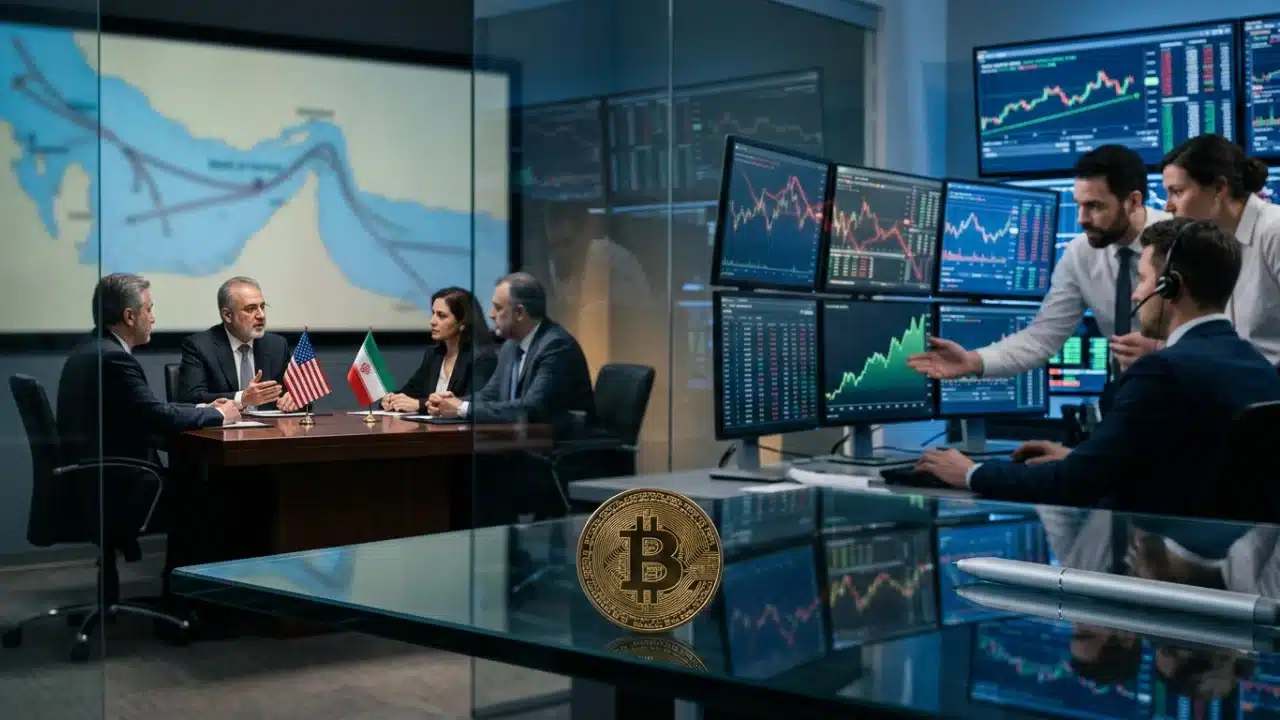 Composição de monitoramento financeiro. À esquerda, quatro diplomatas (homens e mulheres) estão sentados em uma mesa de negociação com as bandeiras dos EUA e do Irã. No centro, uma moeda dourada física de Bitcoin em destaque sobre uma mesa de vidro. À direita, operadores de mercado analisam seis monitores com gráficos de velas (candlesticks) e indicadores de ETFs.