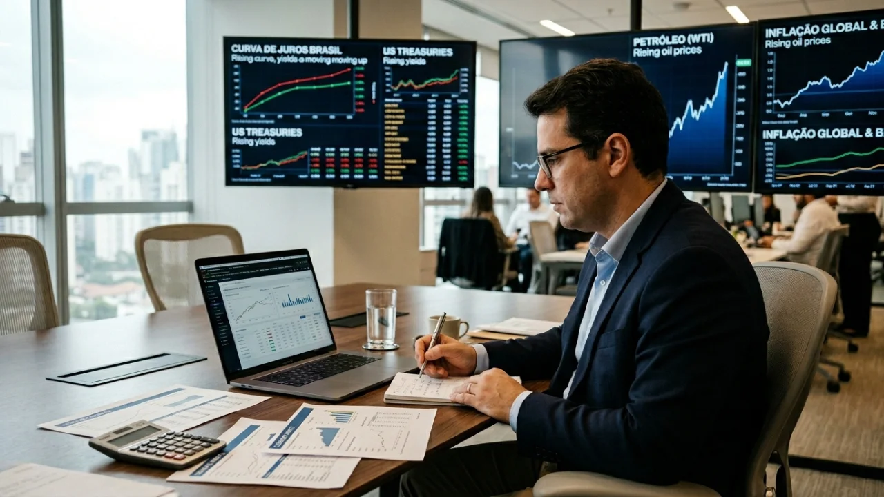 Em um escritório de investimentos iluminado com vista para o skyline de uma metrópole, um analista financeiro de óculos e terno azul está sentado à mesa, escrevendo anotações em um caderno. À sua frente, um notebook aberto exibe planilhas e gráficos de mercado. Ao fundo, três grandes monitores fixados na parede mostram dados críticos: a curva de juros do Brasil ("CURVA DE JUROS BRASIL"), o rendimento das Treasuries americanas ("US TREASURIES") com setas de alta, e o preço do petróleo ("PETRÓLEO (WTI)") também em tendência ascendente.