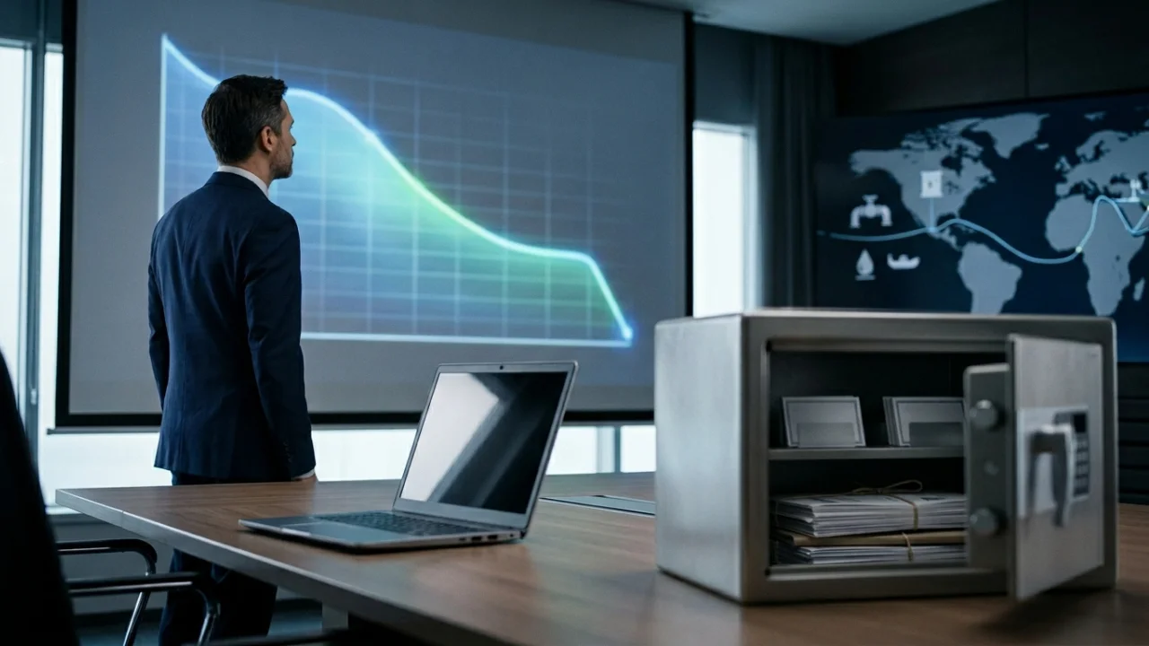 Em um escritório de investimentos moderno e escurecido, um executivo de terno azul está de costas, observando uma grande tela de projeção que exibe um gráfico de linha azul neon em queda acentuada. À direita, outro monitor mostra um mapa-múndi com rotas comerciais e ícones de petróleo. No primeiro plano, sobre uma mesa de madeira, há um notebook aberto e um cofre de aço com a porta aberta, revelando maços de documentos e certificados em seu interior.