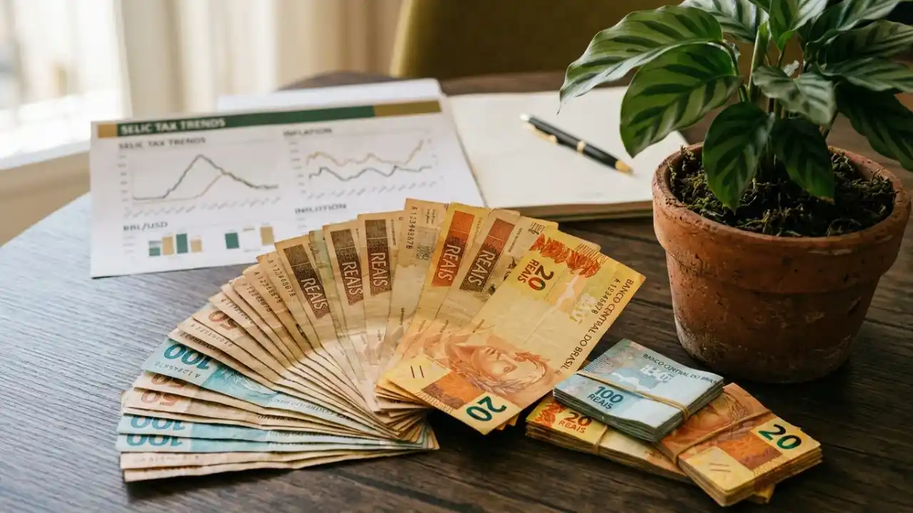 Mesa de madeira com um leque de notas de Real (R$ 20, R$ 50, R$ 100). À esquerda, um maço de notas de R$ 100 e R$ 20 preso por um elástico. Ao fundo, um relatório financeiro com gráficos intitulado "SELIC TAX TRENDS" e um caderno com anotações e uma caneta. Uma planta suculenta em vaso de barro está no canto direito.