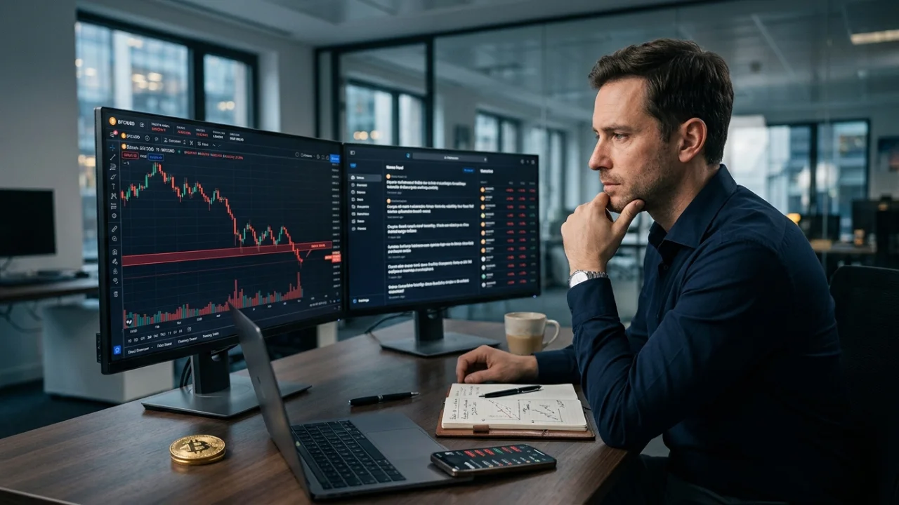 Fotografia em ângulo lateral de um analista de perfil, com semblante sério e a mão no queixo, observando duas grandes telas widescreen em sua mesa de madeira de escritório corporativo. O monitor da esquerda exibe um gráfico financeiro de candlesticks em forte tendência de queda, destacando uma linha de suporte horizontal vermelha. Sobre a mesa, há uma moeda física dourada com o símbolo do Bitcoin no canto inferior esquerdo, um notebook aberto, um smartphone mostrando um aplicativo de investimentos, um caderno de notas com esboços manuais e uma caneca de café. O fundo exibe um escritório moderno e envidraçado.