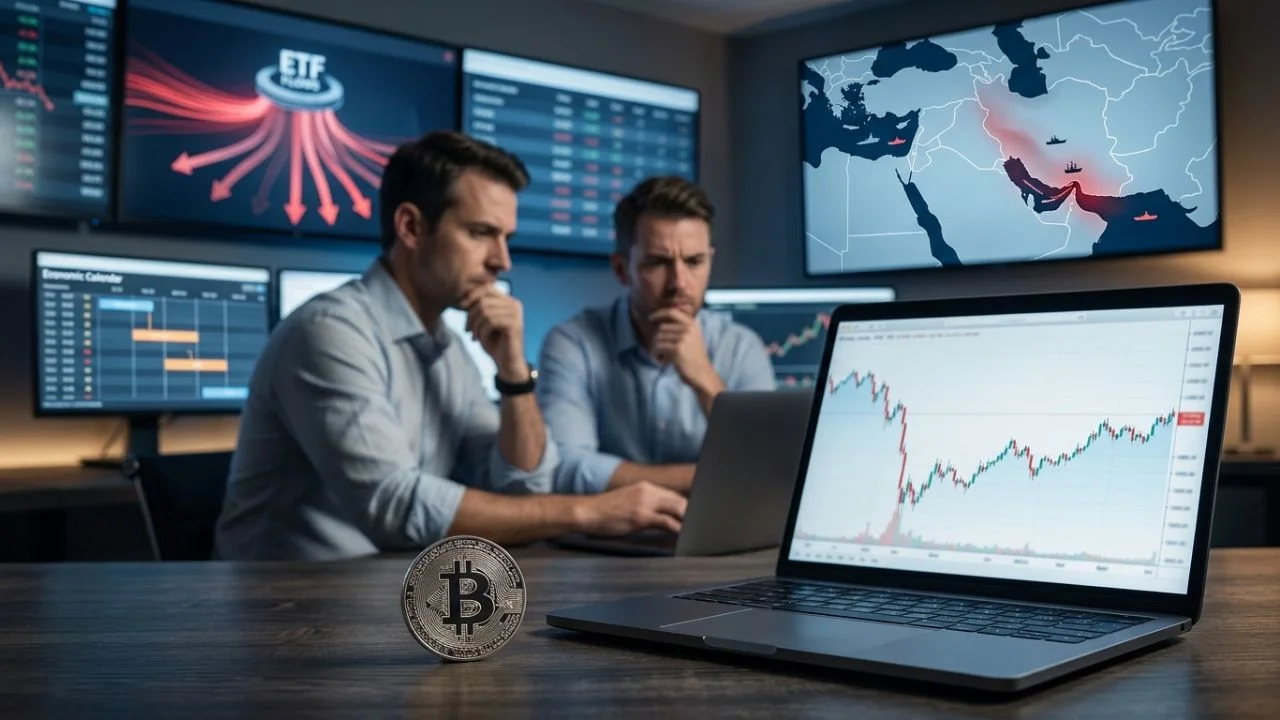 Fotografia em plano médio de uma mesa de operações de criptoativos em primeiro plano. Sobre a mesa de madeira escura, há uma moeda física prateada do Bitcoin em pé e um notebook aberto exibindo um gráfico de linha com uma oscilação recente e uma leve tendência de alta na extremidade direita. Atrás da mesa, dois analistas de camisa social clara observam as telas com expressões pensativas, apoiando as mãos no queixo. Ao fundo, três grandes monitores exibem dados digitais: o painel superior esquerdo traz o título "ETF FLOWS" com várias setas vermelhas apontando para baixo; o monitor inferior esquerdo exibe uma tabela de "Economic Calendar"; e o monitor da direita apresenta um mapa detalhado do Oriente Médio com manchas vermelhas na região do Golfo Pérsico e do Estreito de Ormuz.