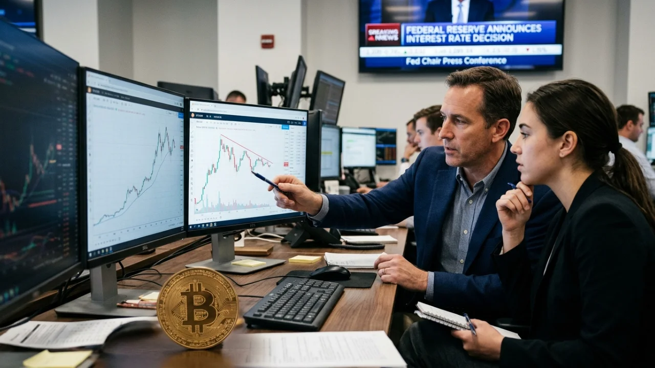 Fotografia em plano médio de dois analistas financeiros, um homem de blazer azul apontando com uma caneta para um gráfico de velas (candlesticks) em queda em um monitor, e uma mulher de blazer escuro ao seu lado segurando uma caneta e um caderno. Em primeiro plano, sobre a mesa de madeira com teclado, destaca-se uma moeda física dourada do Bitcoin. Ao fundo, uma TV de parede exibe o plantão de notícias em inglês com a manchete "FEDERAL RESERVE ANNOUNCES INTEREST RATE DECISION" e o subtítulo "Fed Chair Press Conference".
