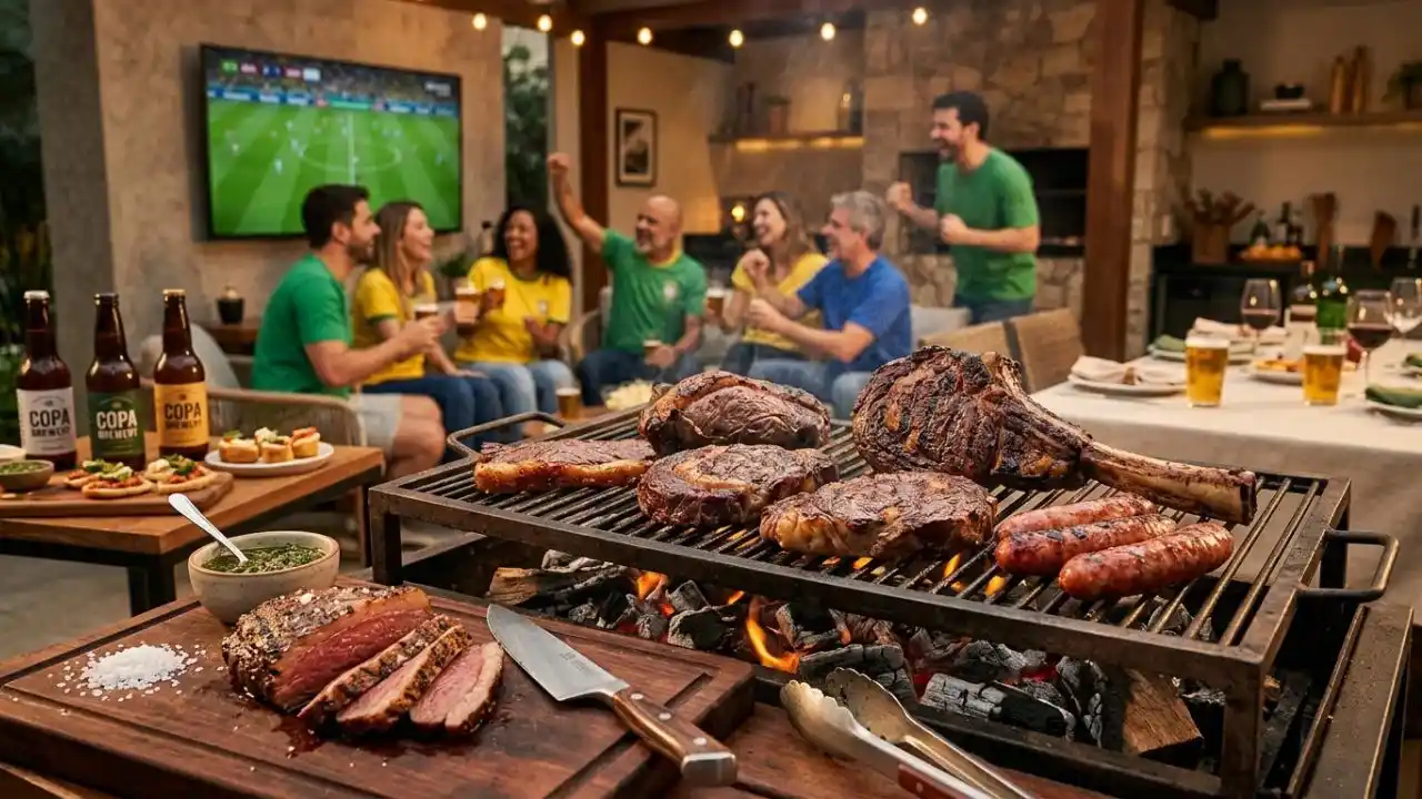 Fotografia em plano médio e ângulo normal de uma área gourmet residencial sofisticada durante um churrasco de Copa. Em primeiríssimo plano, sobre uma tábua de madeira escura com vincos, destaca-se uma peça de picanha fatiada ao ponto ao lado de uma porção de sal grosso, um recipiente com molho chimichurri e uma faca de chef. No centro, uma parrilla de ferro está carregada com carvão e lenha em brasa viva, exibindo na grelha cortes premium como um grande Tomahawk com osso, bife de tira e linguiças artesanais. Ao fundo, sob um teto de madeira com varal de lâmpadas quentes acesas, um grupo de amigos com camisas verde, amarela e azul celebra alegremente com copos de cerveja, enquanto uma grande TV de tela plana fixada na parede transmite um jogo de futebol em um estádio lotado.