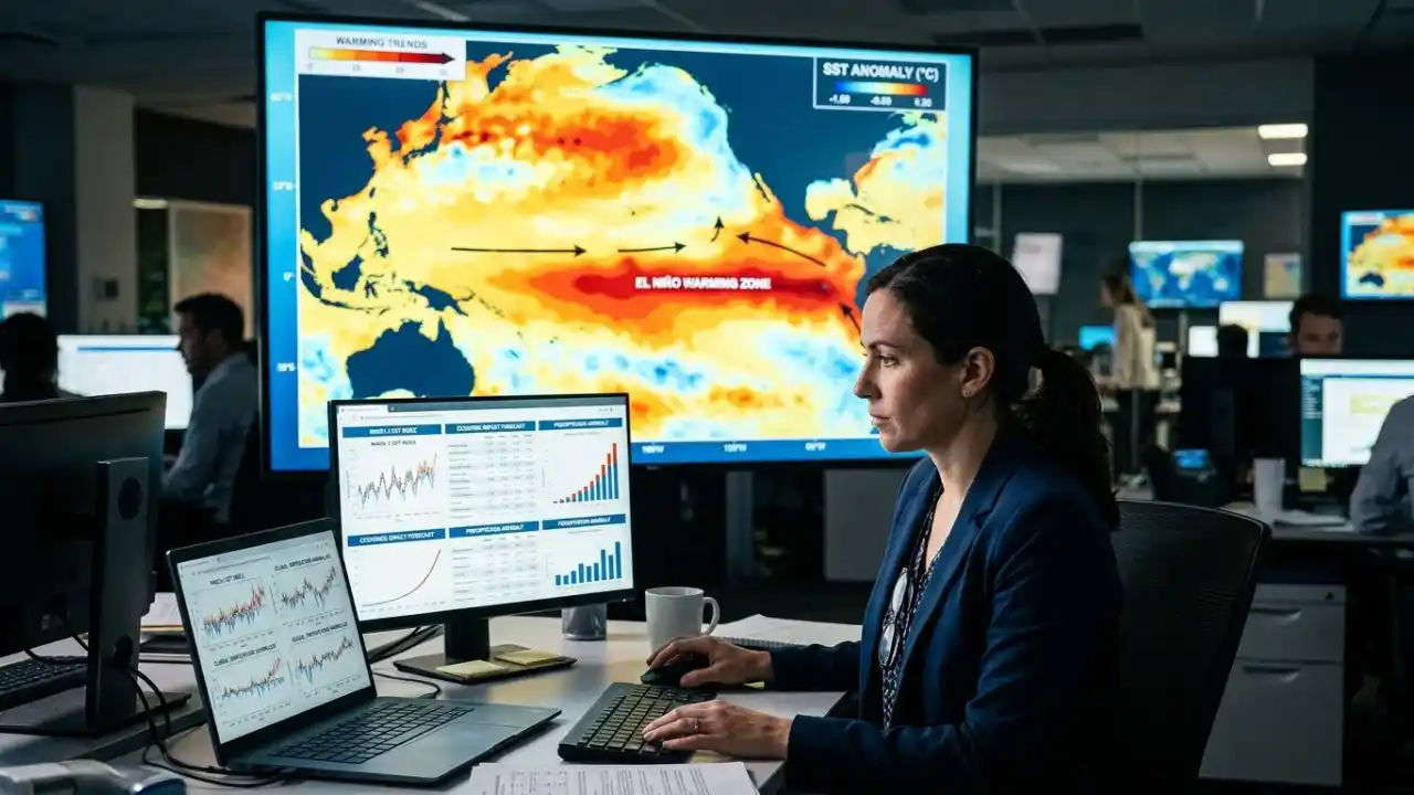 Uma especialista de perfil vestindo blazer azul-escuro opera um computador em uma sala de monitoramento meteorológico institucional. Ela digita em um teclado preto enquanto observa monitores com planilhas e gráficos estatísticos de barras e linhas azuis e vermelhas. Ao fundo, uma imensa tela digital exibe o mapa climático do Oceano Pacífico com uma grande mancha em tons intensos de vermelho, laranja e amarelo, sinalizando a anomalia de temperatura na região equatorial ("El Niño Warming Zone"). Outros operadores e telas secundárias compõem o ambiente corporativo ao fundo.