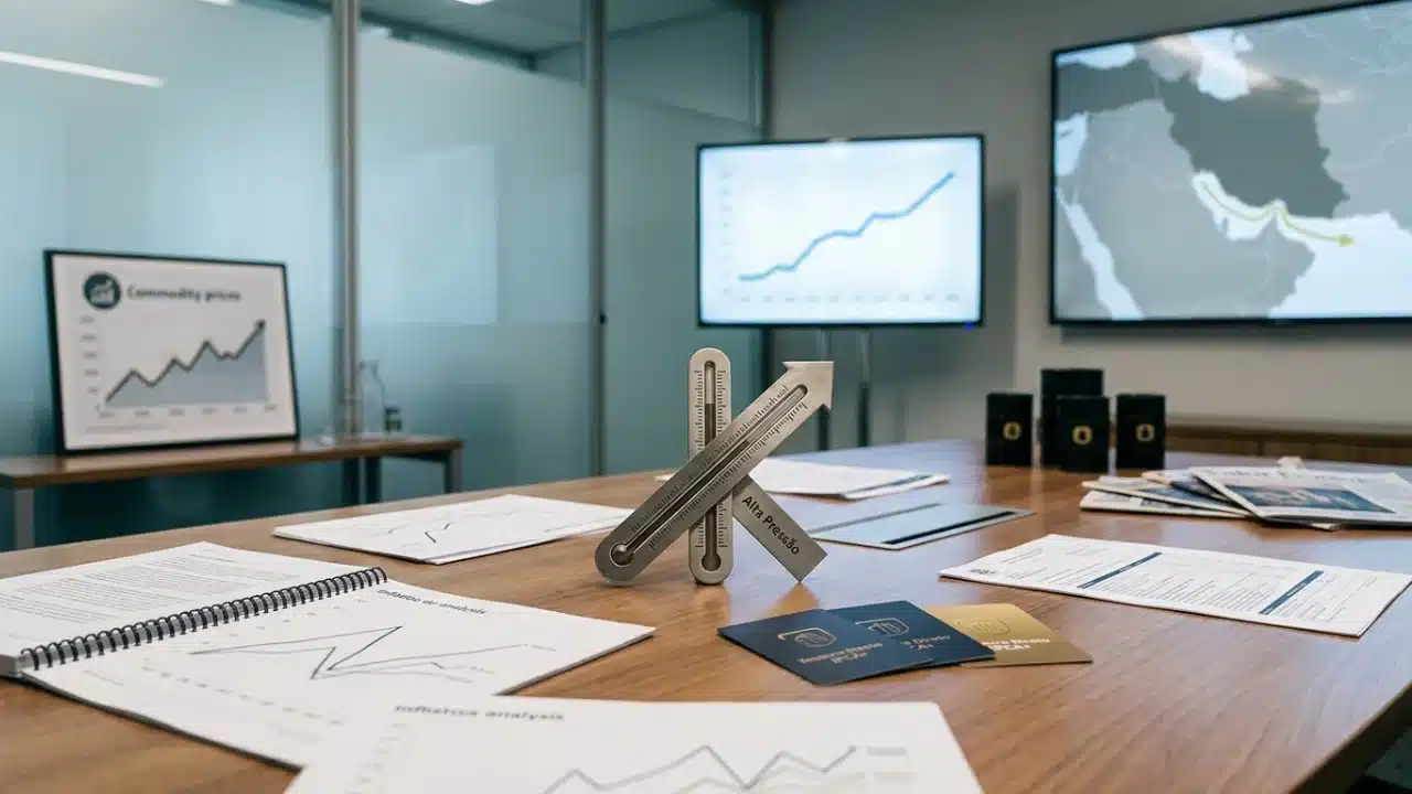 Mesa de madeira em uma sala de reuniões corporativa com divisórias de vidro fosco. Em primeiro plano, há relatórios impressos com gráficos de linha intitulados "Inflation analysis", dois livretos azuis com detalhes dourados com a inscrição "Tesouro Direto IPCA+" e uma escultura metálica cinza em formato de termômetro cruzado por uma seta ascendente com a gravação "Alta Pressão". Ao fundo, sobre a mesa, pequenas miniaturas de barris de petróleo pretos e, nas paredes, duas grandes telas exibem um gráfico de linha em alta e um mapa estratégico do Oriente Médio com foco no Irã.
