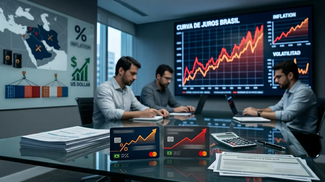Vista em ângulo médio de uma sala de reuniões corporativa de finanças onde três analistas masculinos trabalham concentrados ao redor de uma mesa de vidro reflexivo. Em primeiro plano sobre a mesa, há uma pilha de relatórios impressos, dois cartões pretos que exibem gráficos de crescimento com setas para cima e pequenas bandeiras do Brasil, uma calculadora digital cinza, uma caneta e uma folha timbrada com a inscrição "DOCUMENTO PÚBLICO". Ao fundo, à direita, uma grande tela digital exibe painéis financeiros sob o título "CURVA DE JUROS BRASIL" com uma linha ascendente vermelha e alaranjada, além de seções menores para "INFLATION" e "VOLATILIDAD". À esquerda, um quadro branco apresenta um mapa do Oriente Médio com marcações de conflito, ícones de barris de petróleo, a frase "% INFLATION" e "$ US DOLLAR" acompanhada por uma seta verde de alta.