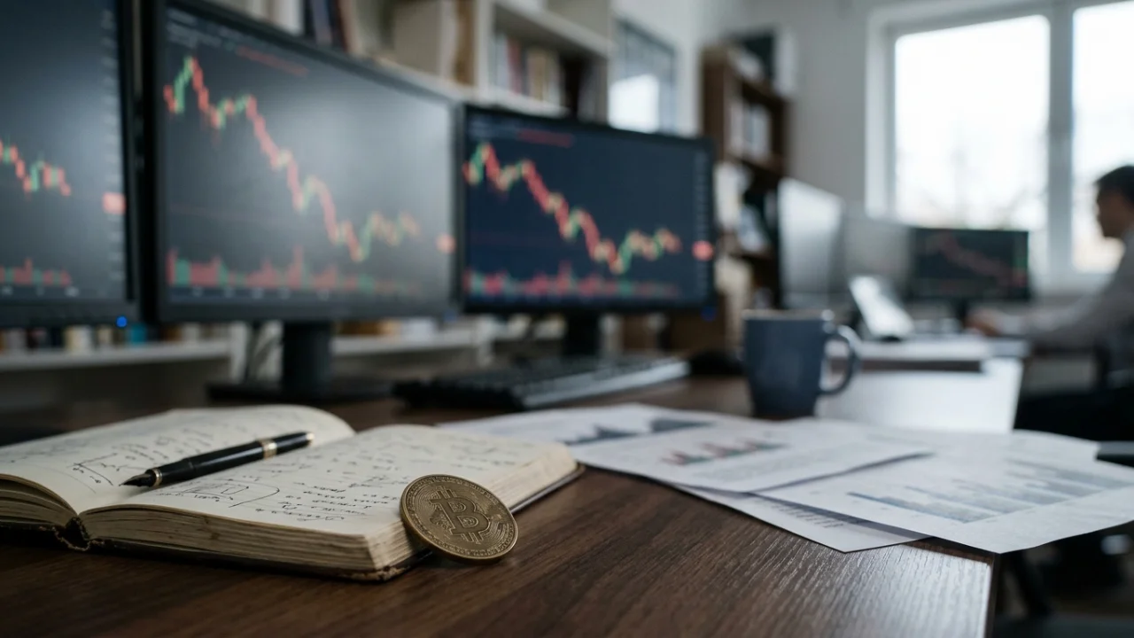 Fotografia em plano médio com foco seletivo em uma mesa de trabalho de um analista de criptomoedas. Em primeiro plano, uma moeda física dourada e estilizada de Bitcoin (BTC) está equilibrada verticalmente sobre uma superfície escura e reflexiva. Ao fundo, ligeiramente desfocado, um homem de óculos e camisa escura está sentado, olhando atentamente para dois grandes monitores de computador que exibem gráficos financeiros complexos (candlesticks) e visualizações de dados brilhantes em tons de azul e neon, representando redes de blockchain. Uma janela ao fundo revela um horizonte urbano em um dia nublado.