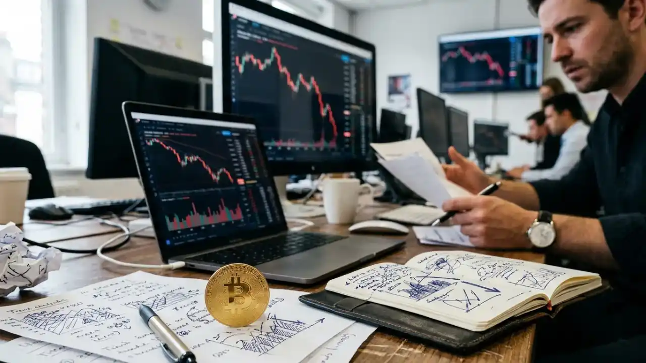 Fotografia em plano médio e ângulo diagonal de uma movimentada mesa de operações financeiras em um escritório de criptomoedas. Em primeiríssimo plano sobre a mesa de madeira, destaca-se uma moeda física dourada do Bitcoin com o símbolo "₿" em relevo, apoiada verticalmente ao lado de uma caneta prata e de um caderno aberto repleto de anotações e esboços de gráficos de análise técnica com setas apontando para baixo. No meio plano, um notebook exibe um gráfico de velas (candlesticks) com uma nítida tendência de queda em linhas vermelhas, próximo a uma xícara de café branca. À direita, um analista financeiro de perfil, homem jovem vestindo camisa escura e relógio de pulso prata, analisa documentos em papel com semblante focado. Ao fundo, grandes monitores corporativos exibem mais gráficos financeiros em queda e outros profissionais trabalhando no escritório sob iluminação diurna.