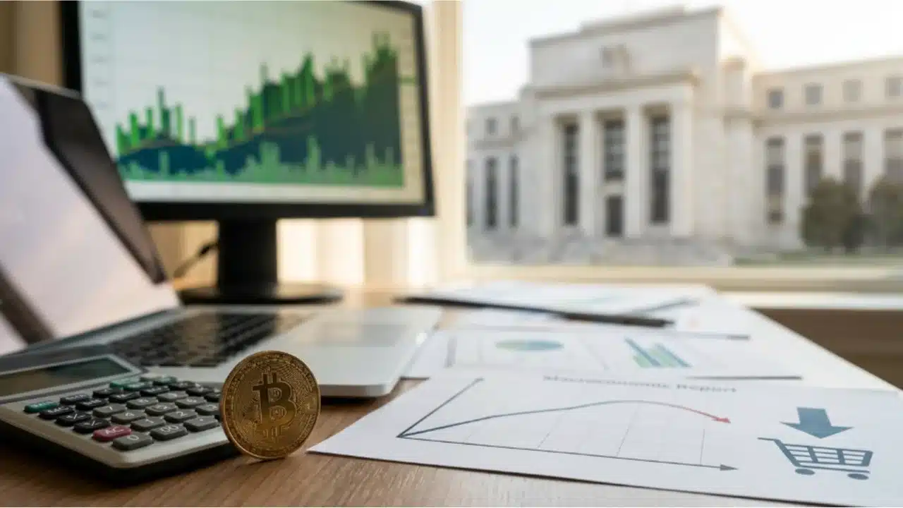 Mesa de trabalho de análise financeira iluminada por luz natural, contendo uma moeda física dourada de Bitcoin em pé ao lado de uma calculadora, notebook e relatórios impressos. Um dos relatórios mostra um gráfico com seta vermelha em queda e o ícone de um carrinho de compras, representando o arrefecimento da inflação. Ao fundo, um monitor de computador exibe um gráfico de barras verdes em forte alta, enquanto a janela revela a fachada do prédio do Federal Reserve.
