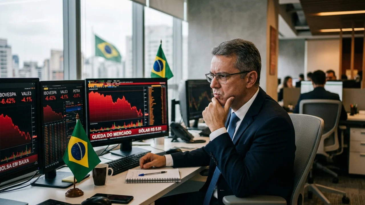 Fotografia em plano médio com foco seletivo de uma mesa de análise macroeconômica. Em primeiro plano, relatórios impressos exibem tabelas de projeções de indicadores do Brasil, como IPCA e PIB, ao lado de uma caneta executiva e um par de óculos de grau em repouso. Ao fundo, uma tela de notebook aberta exibe um gráfico de barras duplas comparativas, onde uma coluna vermelha indica a ascensão da inflação e uma coluna azul ilustra a redução do crescimento econômico. O ambiente ao redor possui iluminação corporativa sóbria e desfocada, transmitindo o rigor técnico de uma grande instituição financeira global.