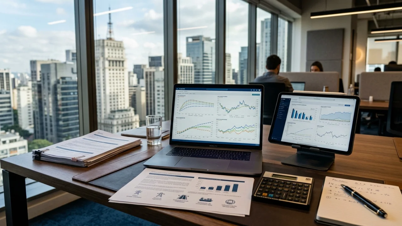 Fotografia em plano médio com ângulo normal de uma mesa executiva de madeira escura em um escritório financeiro de alta liderança em São Paulo. No centro da mesa, um notebook aberto exibe quatro gráficos de linhas coloridas com projeções de rendimento real acumulado. À direita, um tablet posicionado em um suporte mostra gráficos de barras verticais comparando indexadores de inflação e CDI. À esquerda, folhas de relatórios impressos estão organizadas sob uma régua de couro. Uma calculadora financeira clássica, uma caneta preta de luxo e um caderno com anotações manuais completam o primeiro plano. Ao fundo, através de uma grande parede de vidro transparente, destaca-se a paisagem urbana do centro financeiro de São Paulo, incluindo a silhueta icônica do edifício Altino Arantes (Banespa) sob um céu parcialmente nublado.