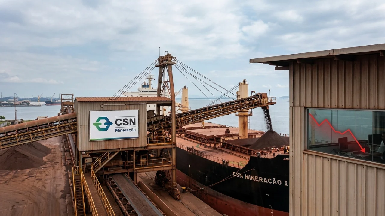 Fotografia em plano geral e ângulo panorâmico de uma operação portuária de carregamento de minério de ferro da CSN Mineração. À esquerda, uma estrutura metálica industrial de correia transportadora exibe uma grande placa branca com a inscrição "CSN Mineração" e seu logotipo verde e azul. A esteira despeja minério de ferro escuro em um dos compartimentos de carga de um grande navio graneleiro preto e vermelho com o nome "CSN MINERAÇÃO I" estampado no casco. À direita, em primeiro plano, uma guarita de controle metálica apresenta um gráfico holográfico de linha vermelha em forte declínio sobreposto ao vidro da janela, simbolizando a queda de margens. Ao fundo, o mar aberto sob céu azul claro com nuvens.
