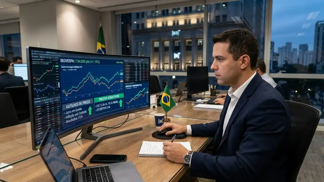 Fotografia em plano médio com ângulo lateral de um analista financeiro de terno azul-marinho e camisa branca trabalhando em sua mesa de escritório. Ele observa um monitor ultrawide curvo que exibe gráficos de linhas do Ibovespa e painéis informativos com os títulos "GATILHOS DE PREÇO" e "PREÇOS ATRATIVOS", detalhando múltiplos como "P/E 15.0x" e "EV/EBITDA 5.4x". Sobre a mesa de madeira clara, há um notebook aberto, um smartphone, um bloco de notas com uma caneta e uma miniatura da bandeira do Brasil ao lado de um copo térmico com o logotipo da B3. Ao fundo, através de uma grande janela de vidro à noite, destaca-se o edifício histórico da B3 iluminado no centro de São Paulo.