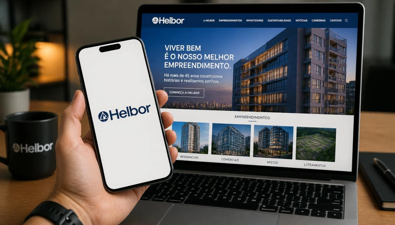 Logo da Helbor em tela de celular e em site em computador no fundo