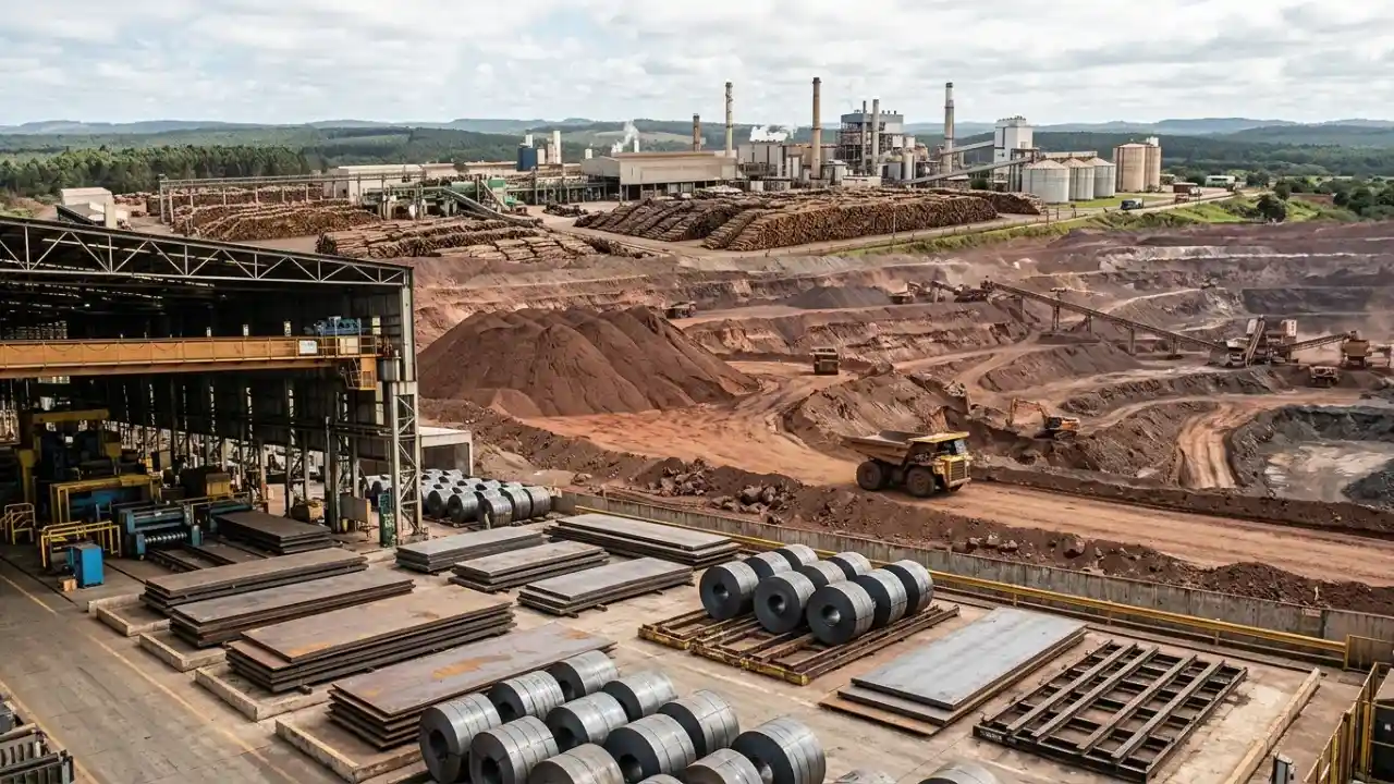 Vista aérea panorâmica de um vasto complexo industrial integrado sob céu parcialmente nublado. Em primeiro plano, no pátio de uma metalúrgica, destacam-se dezenas de bobinas de aço cinza perfeitamente alinhadas e pilhas de chapas metálicas pesadas. À direita, a imagem revela uma mina de ferro a céu aberto com cortes em terraços avermelhados, onde um caminhão basculante amarelo fora de estrada trafega por uma estrada de terra batida perto de esteiras transportadoras. Ao fundo do complexo, ergue-se uma usina com grandes chaminés industriais emitindo vapor branco, ladeada por gigantescas pilhas de toras de madeira estocadas para a produção de papel e celulose.