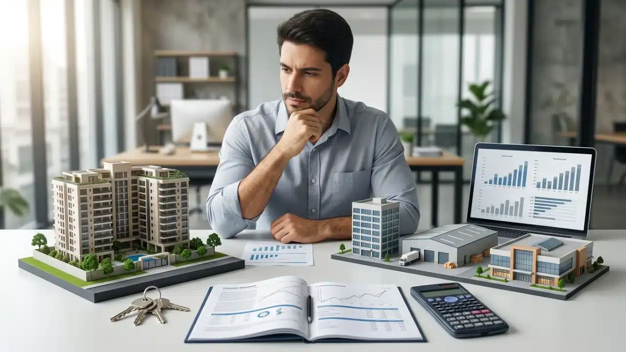 Um homem com expressão analítica sentado em uma mesa de escritório moderna, observando opções de investimento imobiliário. À esquerda da mesa, há a maquete detalhada de um edifício residencial com chaves de imóvel; à direita, a maquete de um galpão logístico e centro comercial ao lado de um notebook com gráficos financeiros e uma calculadora, representando a comparação entre imóveis físicos e fundos imobiliários (FIIs).