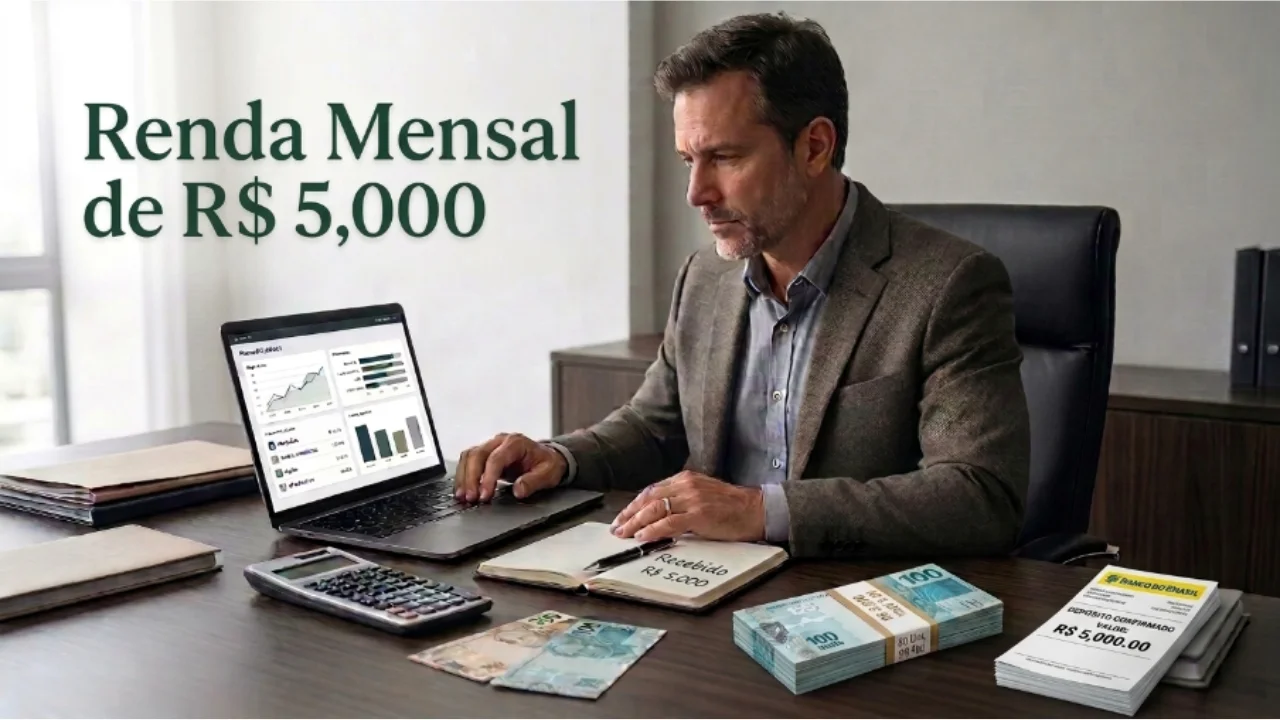 Fotografia em plano médio de um investidor de cabelos curtos e barba por fazer, vestindo blazer marrom sobre camisa cinza, concentrado em sua mesa de escritório de madeira escura. Ele digita em um notebook aberto que exibe gráficos de pizza e barras com relatórios financeiros. Sobre a mesa, encontram-se uma calculadora cinza, um caderno de anotações aberto com a frase "Recebido R$ 5.000" manuscrita, maços de cédulas de cem reais perfeitamente empilhados com uma cinta branca e amarela do Banco do Brasil, e um folheto impresso com comprovante de depósito de R$ 5.000,00. No canto superior esquerdo da imagem, destaca-se o texto institucional estilizado em letras verdes "Renda Mensal de R$ 5,000".