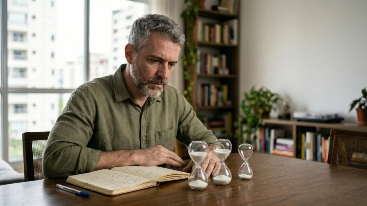 Homem de meia-idade com camisa verde de mangas compridas reflexivo à mesa de madeira, observando caderno de anotações aberto, caneta e três ampulhetas de vidro com areia branca em primeiro plano.