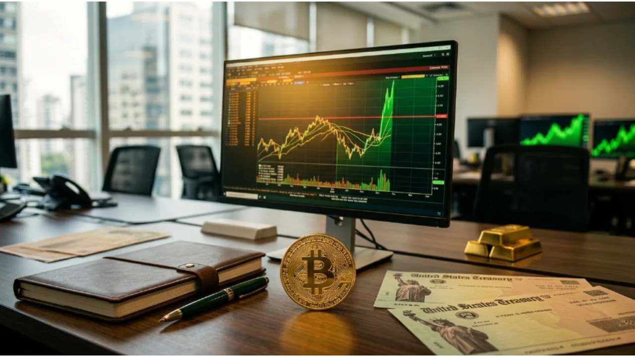 Moeda de Bitcoin em mesa de trading com monitor exibindo gráfico de alta, barras de ouro e títulos dos EUA.