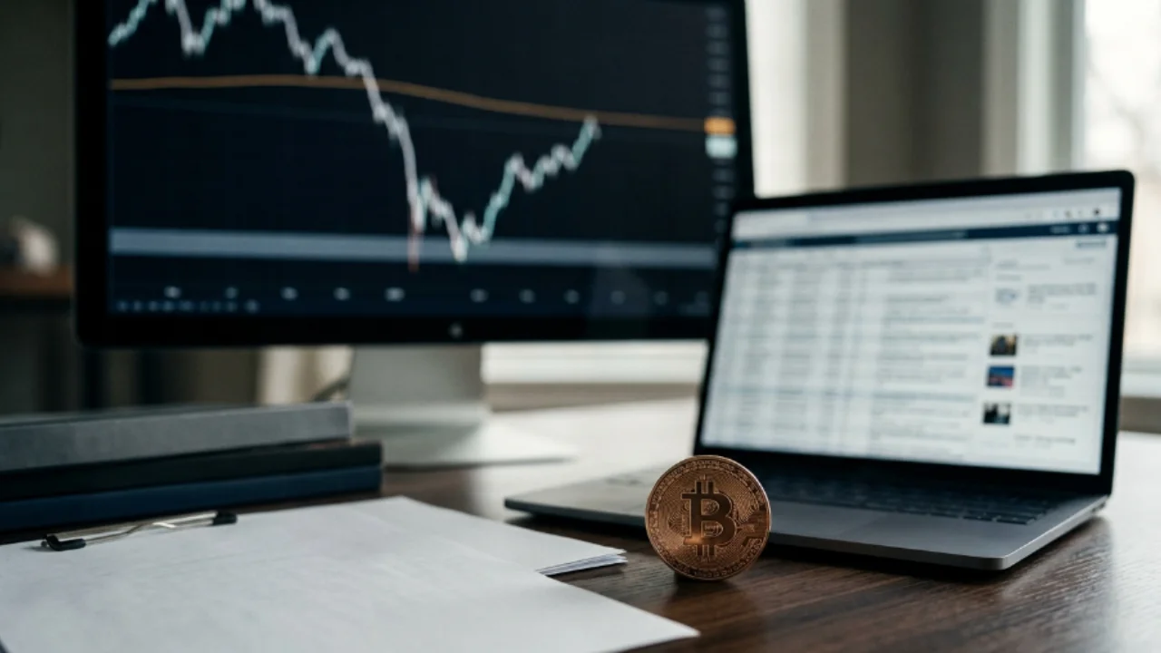 Moeda física de Bitcoin dourada em pé sobre uma mesa de madeira escura, posicionada em frente a um notebook aberto com planilhas de dados e um monitor principal ao fundo exibindo um gráfico de velas e linha de cotação com oscilação e recuperação de preço. Ao lado, encontram-se folhas de relatório em uma prancheta e cadernos.