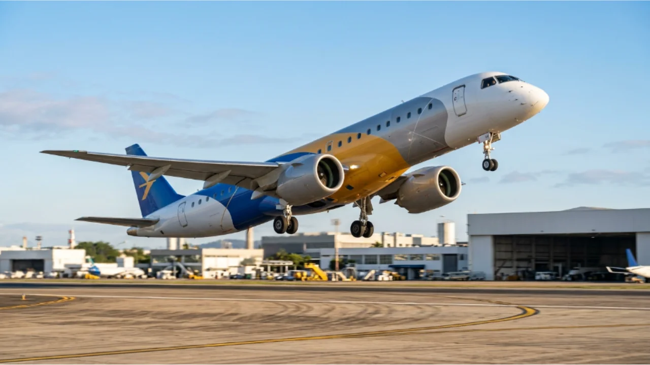 Avião comercial Embraer E-Jet decolando da pista de aeroporto sob céu azul, simbolizando o forte desempenho das ações da Embraer (EMBJ3) após o balanço do 2T26.