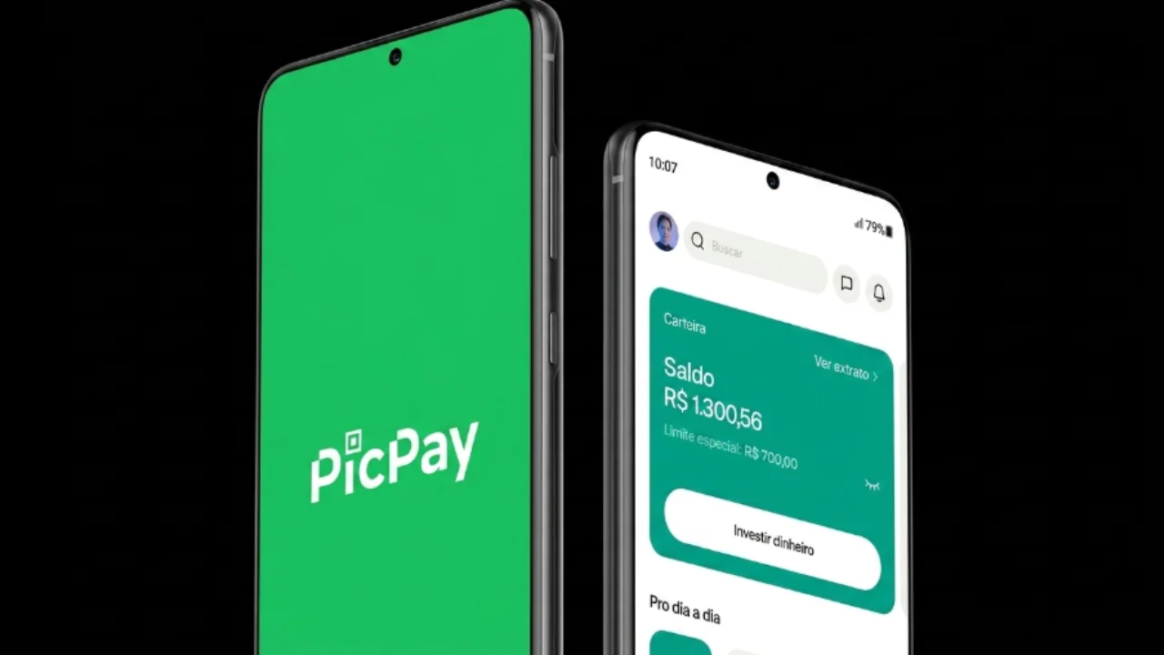 Smartphones exibindo a tela inicial e a interface da conta digital do PicPay sobre fundo escuro.