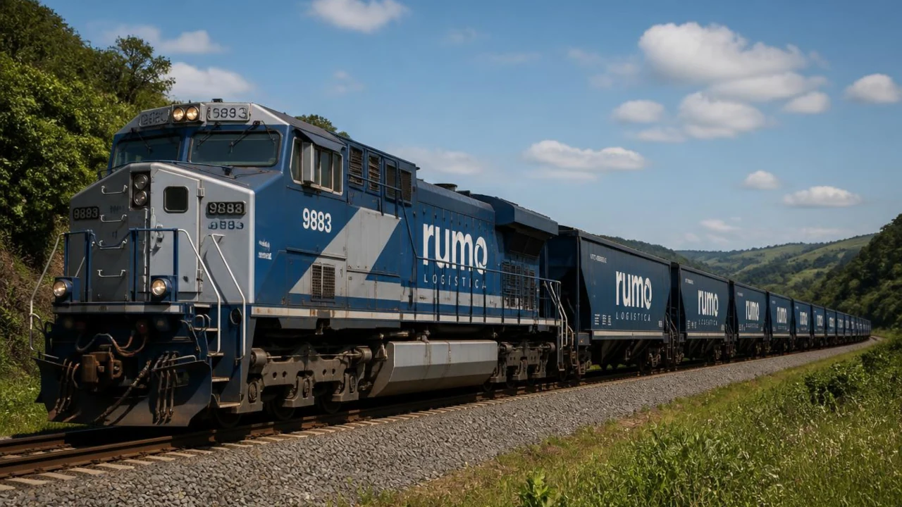 Trem de carga da Rumo, reconstruído em IA