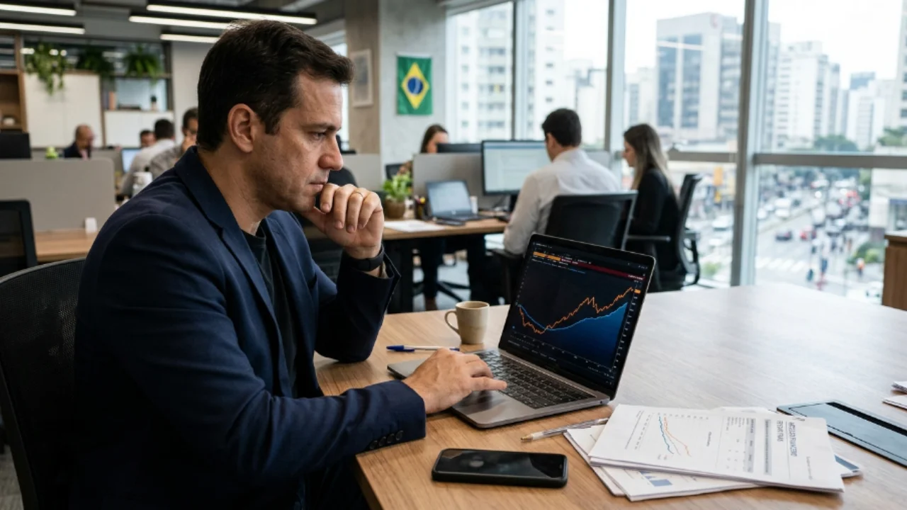 Homem em traje esporte fino sentado em escritório moderno, com a mão no queixo em atitude analítica, observando a tela de um notebook que exibe gráficos de linhas da curva de juros. Sobre a mesa de madeira, veem-se relatórios financeiros impressos, caneta, caneca de café e um smartphone.