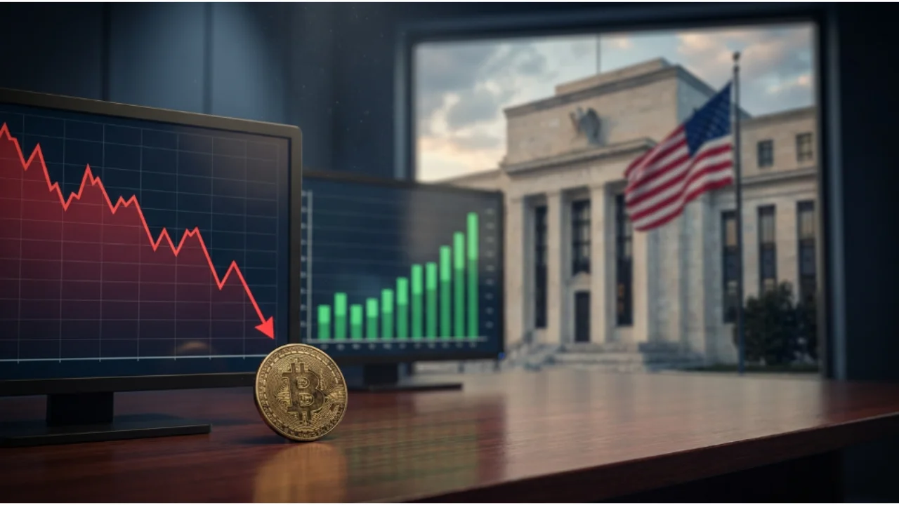 Moeda de Bitcoin ao lado de monitor exibindo gráfico de queda em vermelho e prédio do Fed ao fundo.