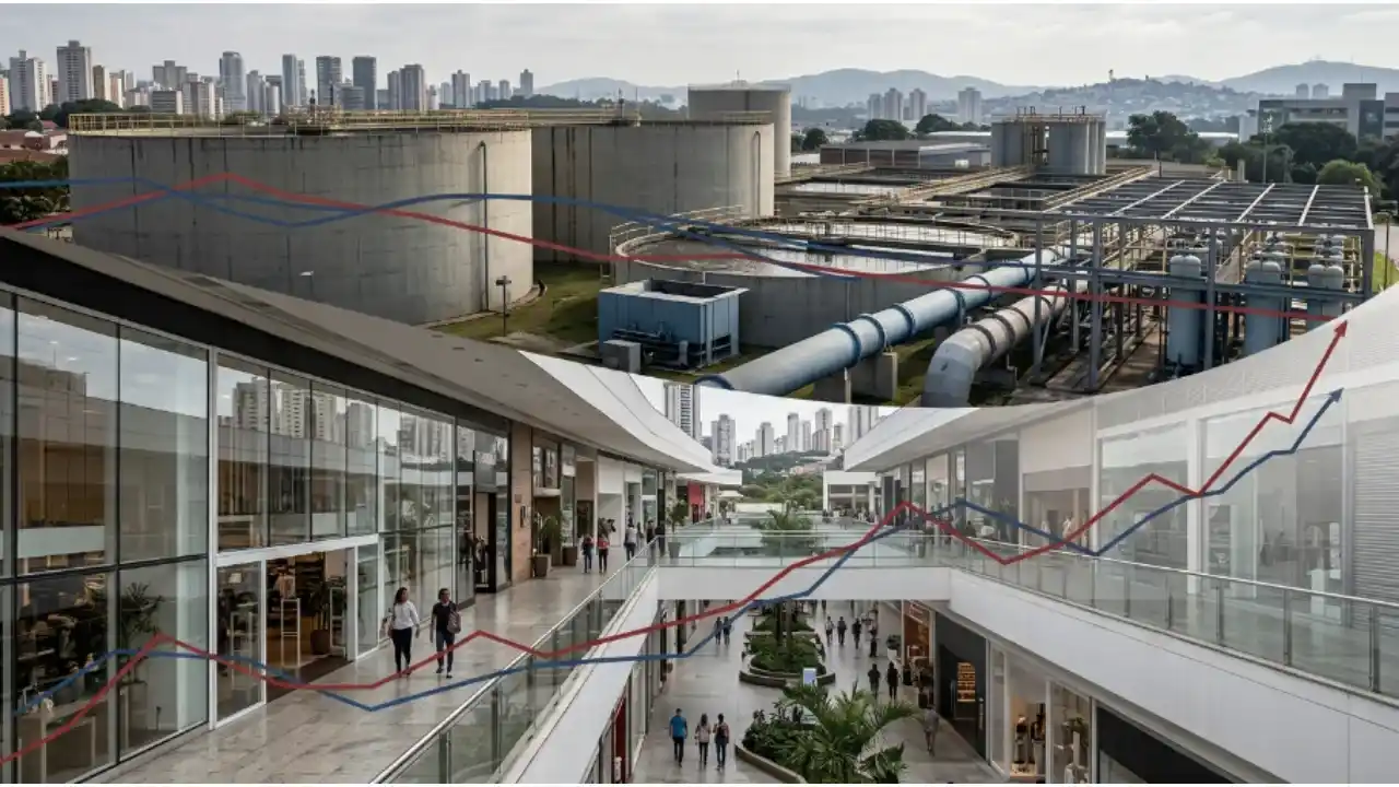 Composição de imagens mostrando uma estação de tratamento de água da Sabesp e a fachada moderna de um shopping center da Multiplan com gráficos de desempenho financeiro sobrepostos.