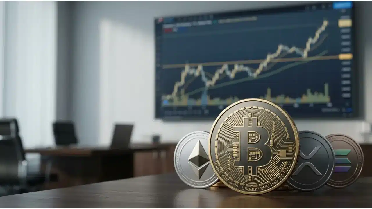 Medalhões de Bitcoin, Ethereum, XRP e Solana em mesa de escritório com gráfico de alta na tela sobre ciclo das criptomoedas.