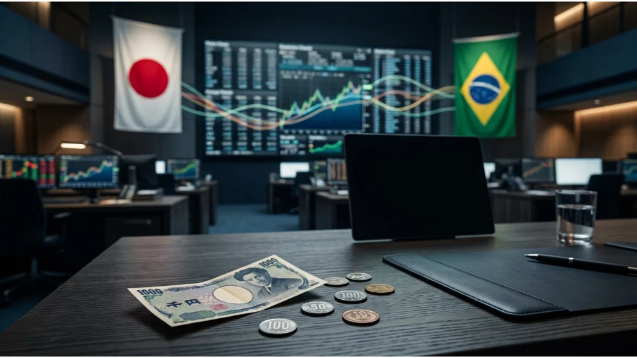 Cédula de 1.000 ienes e moedas sobre mesa de trading com bandeiras do Japão e do Brasil ao fundo.
