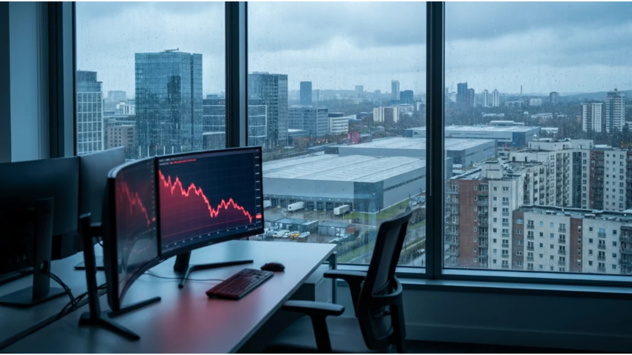 Escritório corporativo com monitores exibindo gráfico em queda vermelha e janela com vista para prédios comerciais e galpões de logística.