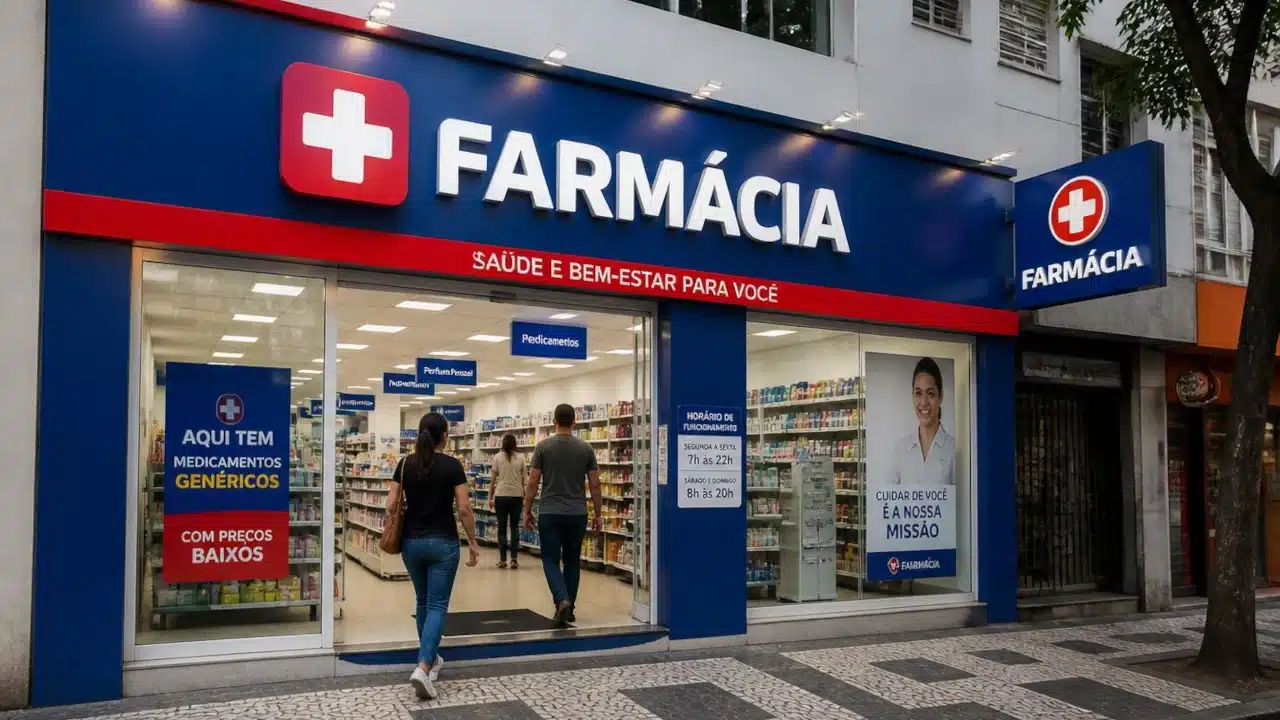Fachada de farmácia para varejo farmacêutico
