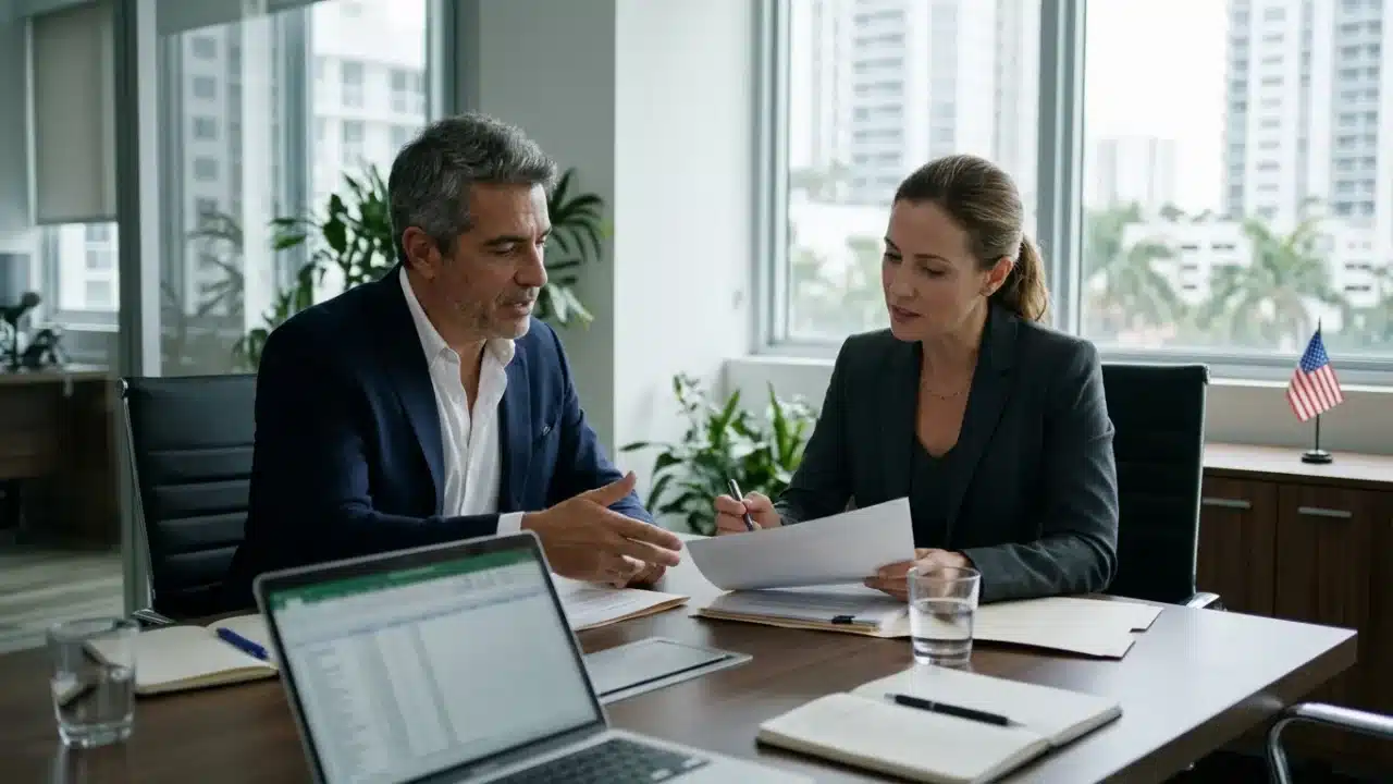 Empresário e advogada em reunião de negócios analisando documentos sobre a mesa de escritório, com notebook aberto, caneta e uma pequena bandeira dos Estados Unidos ao fundo próxima à janela.