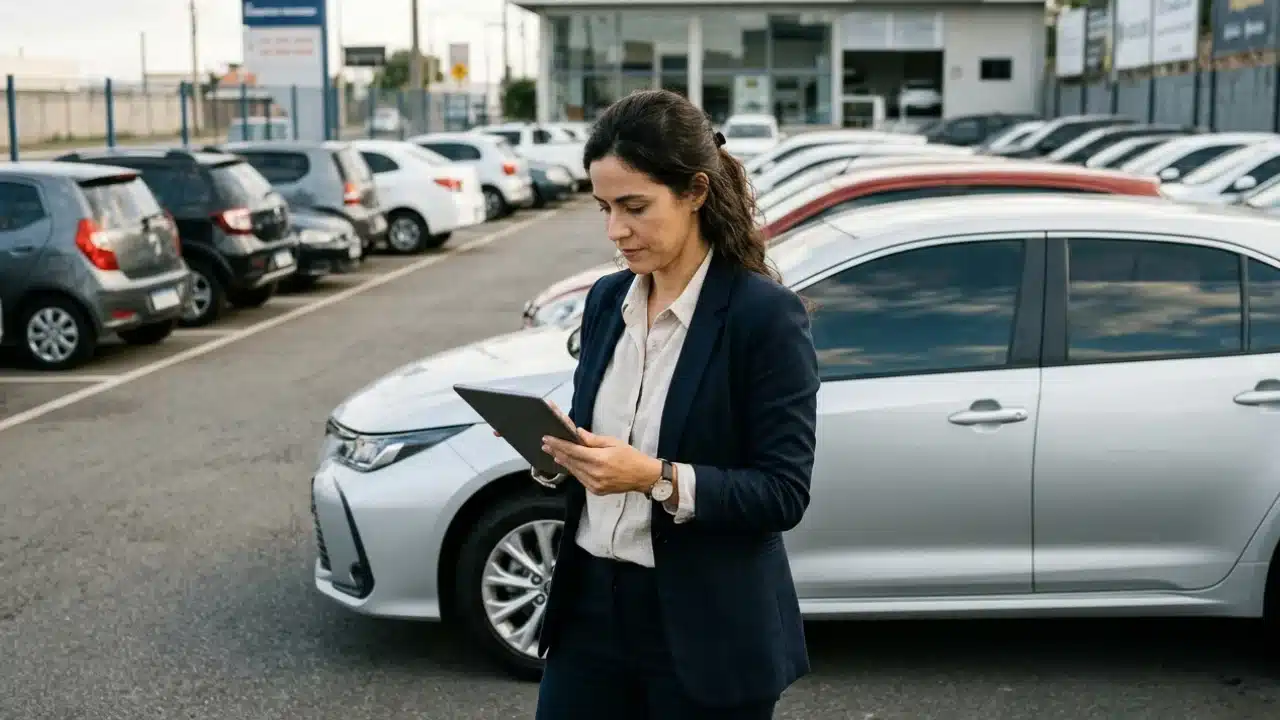 Mulher empreendedora analisando negócio de locação de veículos
