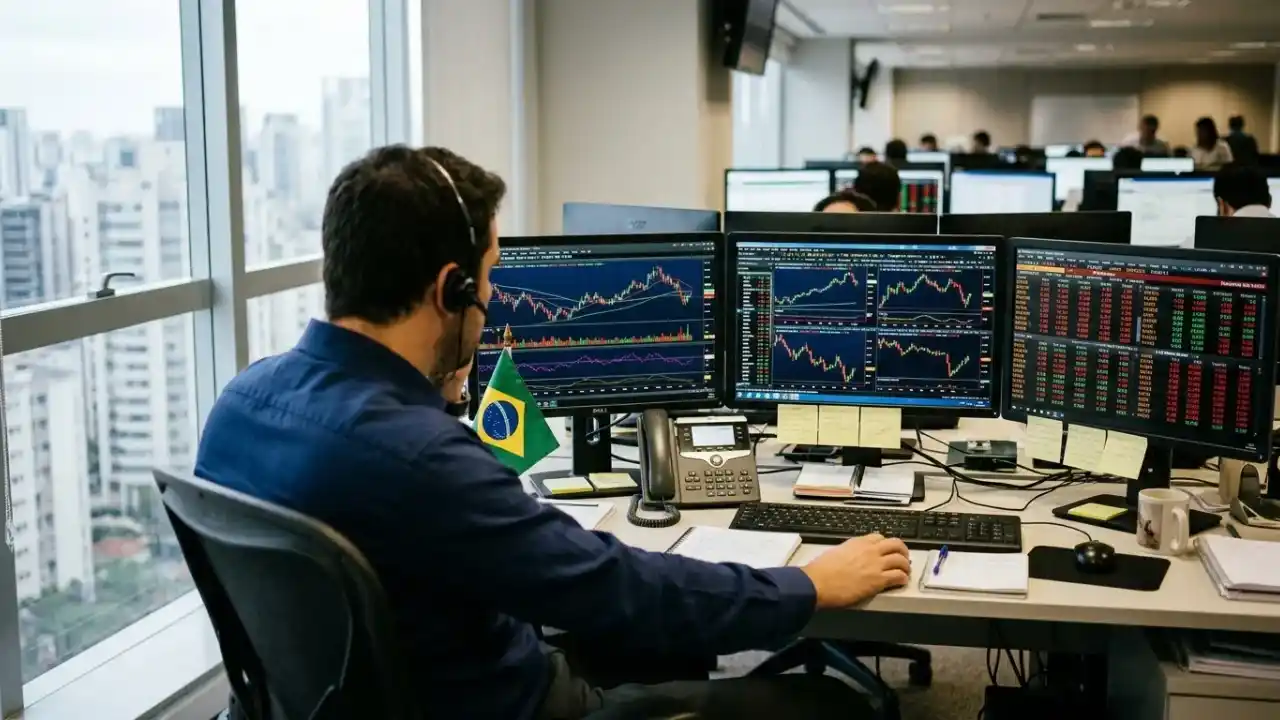 Profissional de mercado financeiro utilizando headset e trabalhando em mesa de operações com múltiplos monitores com gráficos e tabelas de ativos, ao lado da bandeira do Brasil e com vista panorâmica da cidade ao fundo.