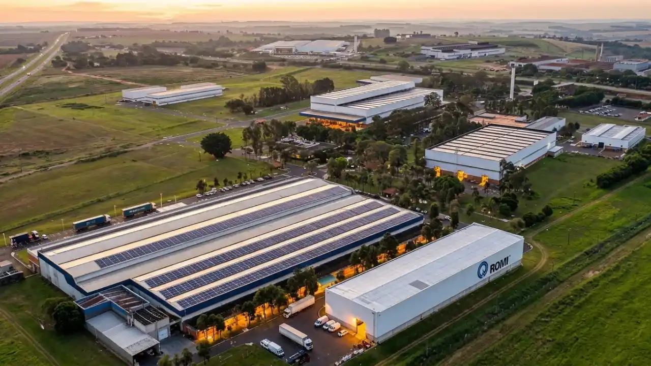 Vista aérea do amplo parque industrial da Romi com galpões cobertos por painéis solares, pátio com caminhões e o logotipo da empresa na fachada de um dos edifícios, sob luz do entardecer.